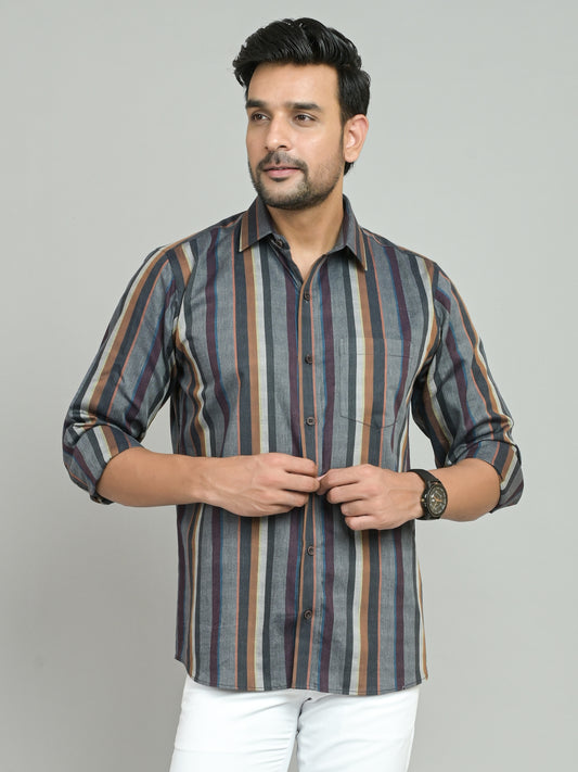Beige and Grey with Chocolate Brown and Caramel Brown Multicolored Stripes Cotton Shirt